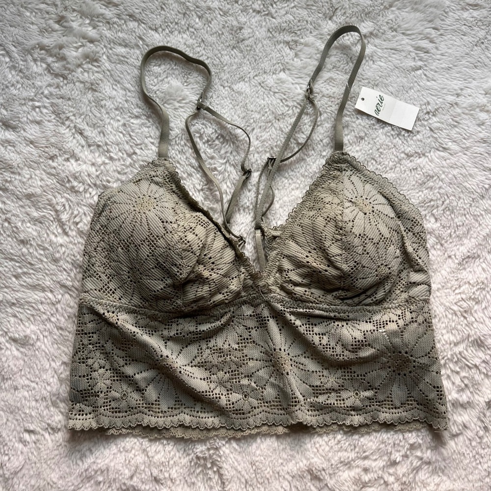 Aerie Women Sage Green Floral Lace Longline Bralette Strappy Racerback Small NWT